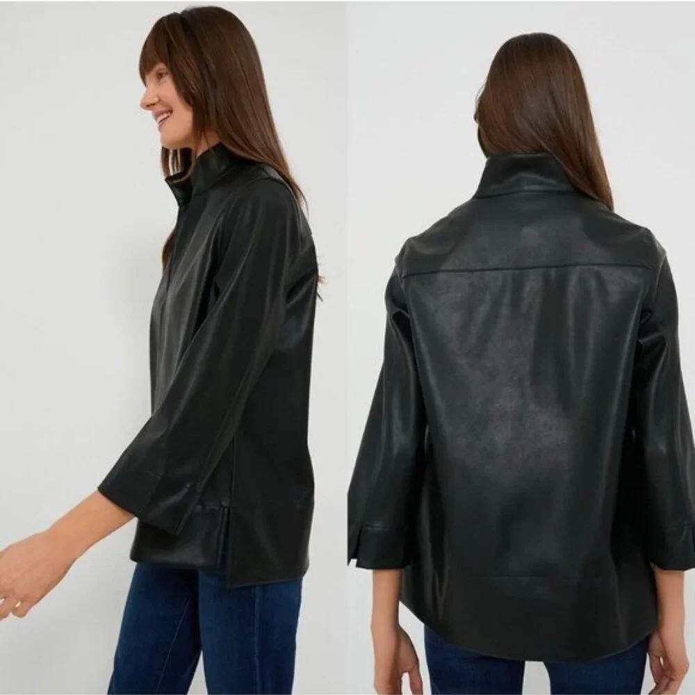 Tuckernuck NEW Black Faux Leather Chic Edgy Collared Margot Top Size S - Picture 3 of 13